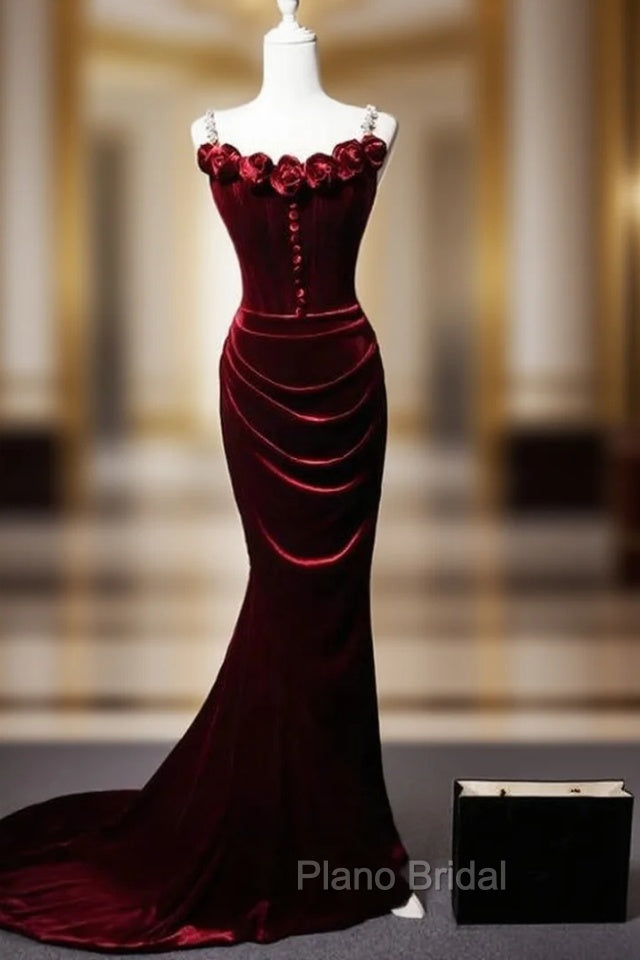Burgundy Mermaid Velvet Straps Flwoer Formal Prom Dresses Main image
