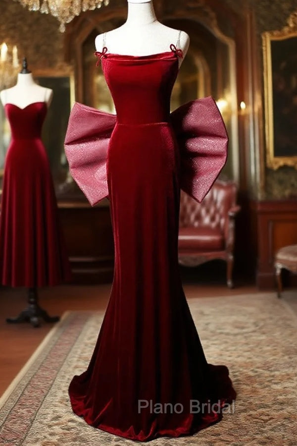 Burgundy Mermaid Velvet Straps Formal Prom Dresses With Bow