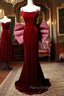 Burgundy Mermaid Velvet Straps Formal Prom Dresses With Bow