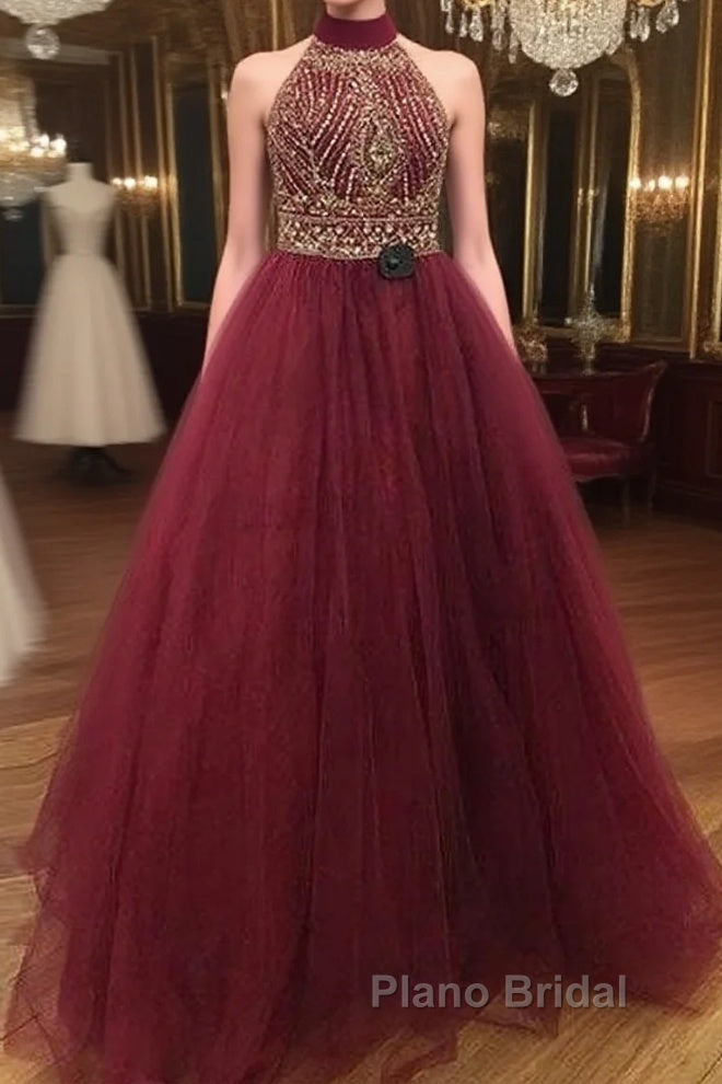 Burgundy O Neck Sequin Beads Tulle Formal Prom Dresses, Burgundy Evening Dresses
