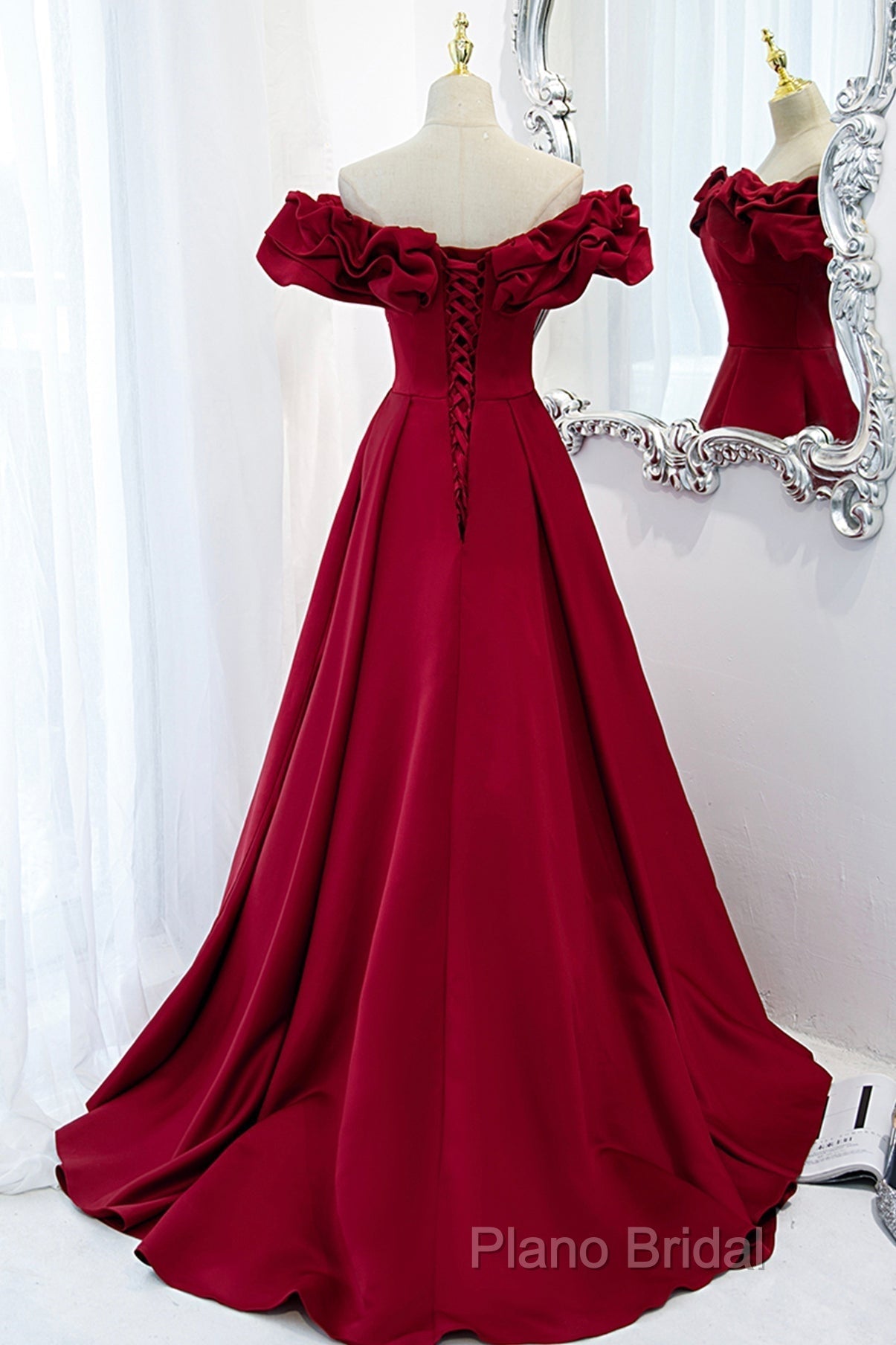 Burgundy Off Shoulder Long A Line Formal Prom Dresses Formal Dresses Secondary image