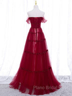 Burgundy Off Shoulder Long Formal Prom Dresses, Burgundy Formal Dresses with Beading Sequin
