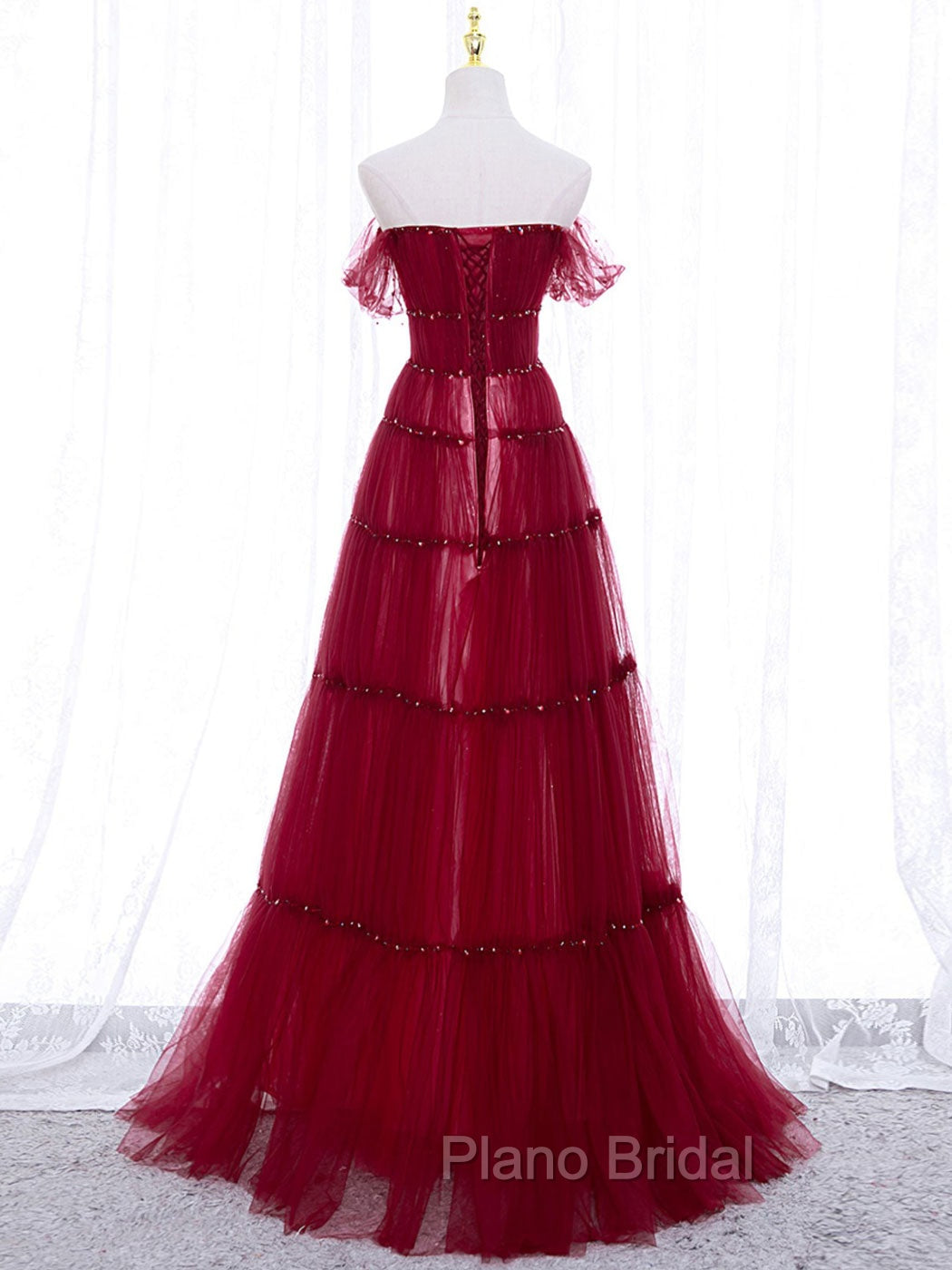 Burgundy Off Shoulder Long Formal Prom Dresses, Burgundy Formal Dresses with Beading Sequin