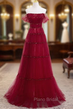 Burgundy Off Shoulder Long Formal Prom Dresses, Burgundy Formal Dresses with Beading Sequin