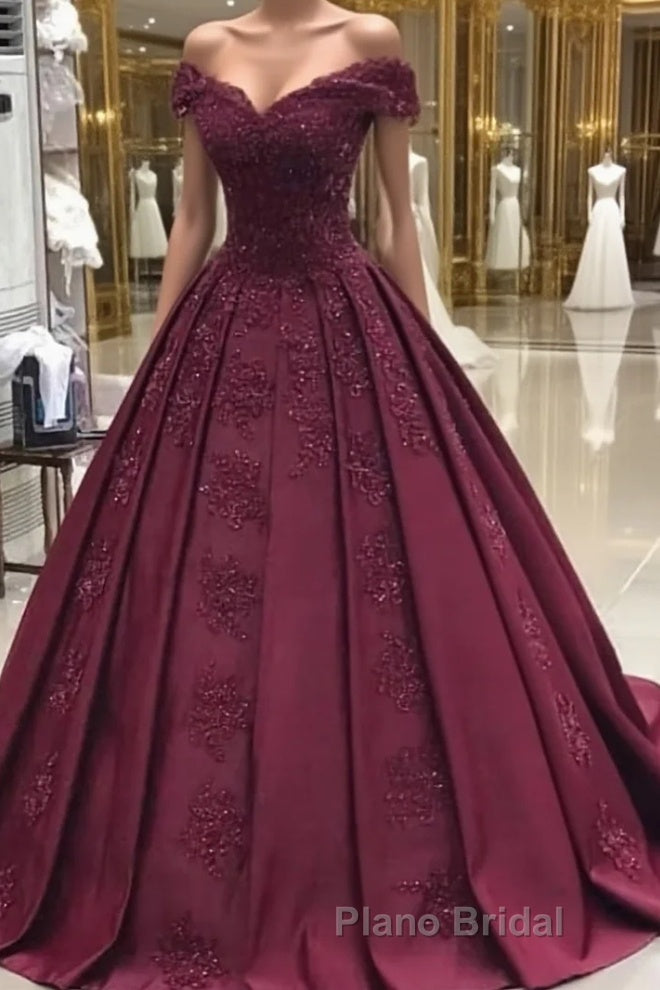 Burgundy off shoulder satin lace long Formal Prom dress, burgundy evening dress Main image