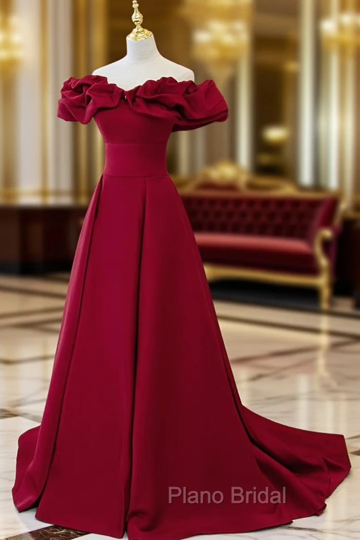Burgundy Off Shoulder Satin Long Formal Prom Dresses, Burgundy Formal Evening Dresses Main image