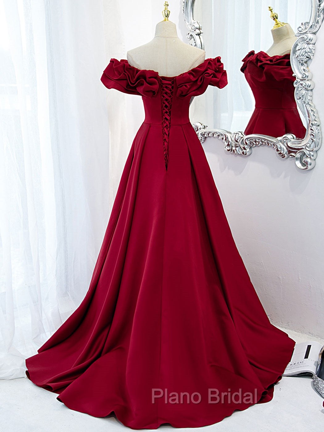 Burgundy Off Shoulder Satin Long Formal Prom Dresses, Burgundy Formal Evening Dresses
