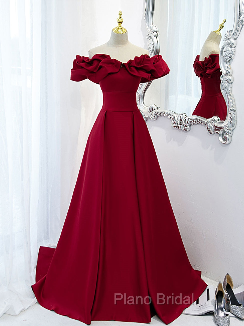 Burgundy Off Shoulder Satin Long Formal Prom Dresses, Burgundy Formal Evening Dresses Secondary image