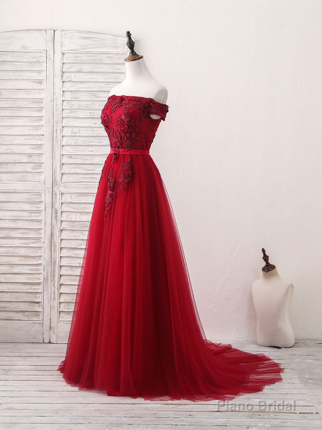 Burgundy Off Shoulder Tulle Lace Applique Long Prom Dress, Evening Dress Main image