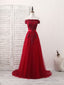 Burgundy Off Shoulder Tulle Lace Applique Long Prom Dress, Evening Dress