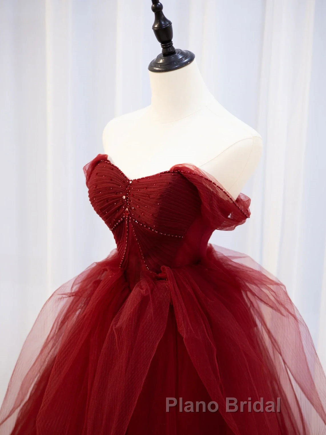 Burgundy off shoulder tulle lace long Formal Prom dress burgundy formal dress Secondary image