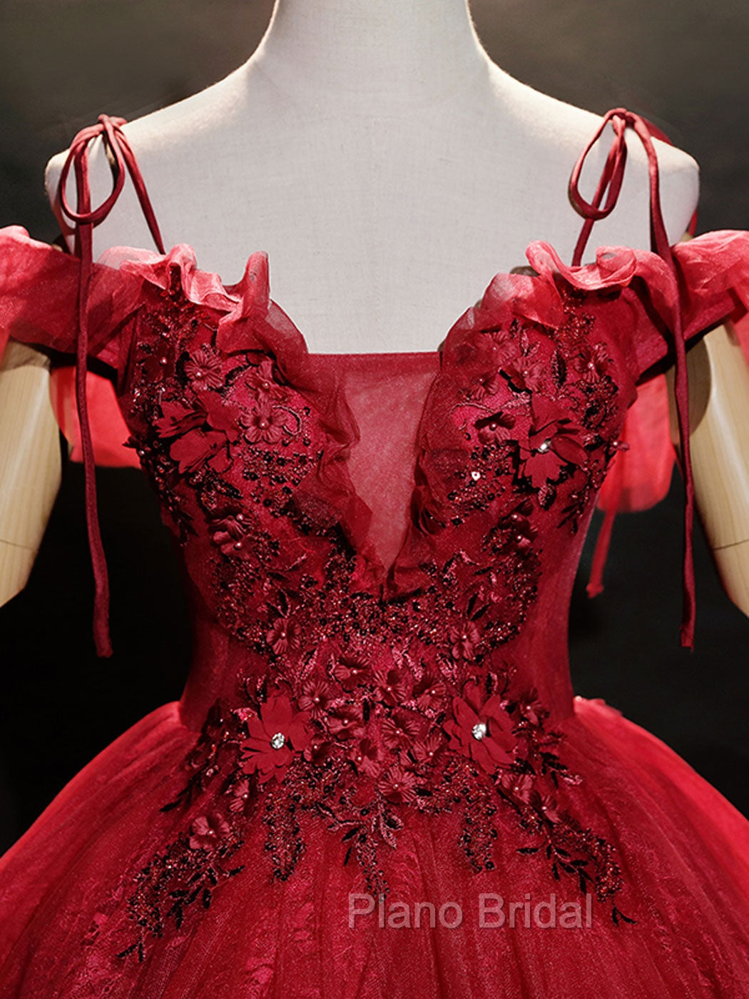 Burgundy Off Shoulder Tulle Lace Long Formal Prom Dresses, Burgundy Lace Sweet 16 Dresses Secondary image
