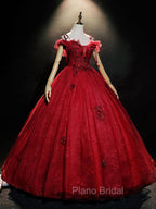 Burgundy Off Shoulder Tulle Lace Long Formal Prom Dresses, Burgundy Lace Sweet 16 Dresses