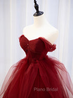 Burgundy Off Shoulder Tulle Lace Long Formal Prom Dresses, Burgundy Formal Graduation Dresses