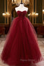 Burgundy Off Shoulder Tulle Lace Long Formal Prom Dresses, Burgundy Formal Graduation Dresses