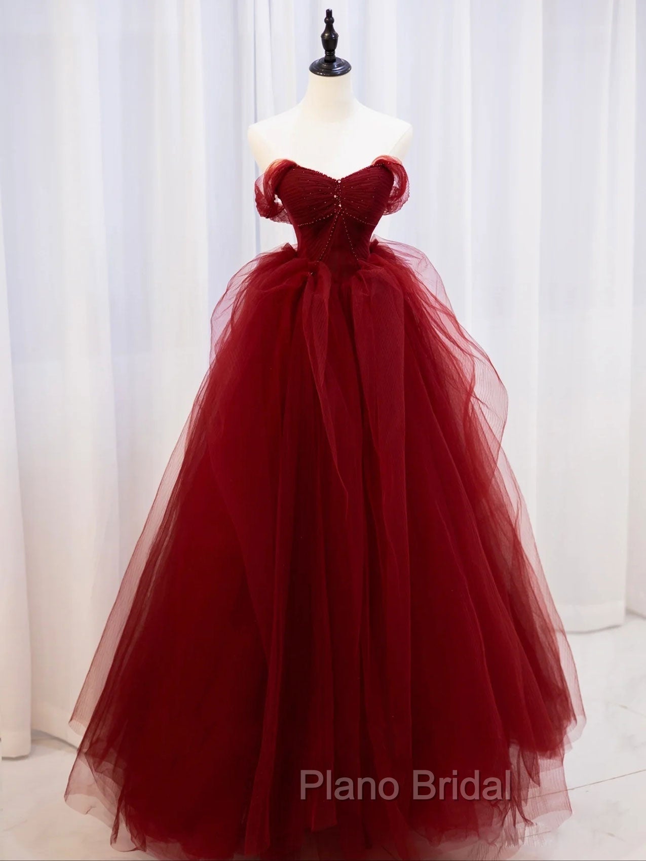 Burgundy Off Shoulder Tulle Lace Long Formal Prom Dresses, Burgundy Formal Graduation Dresses Main image