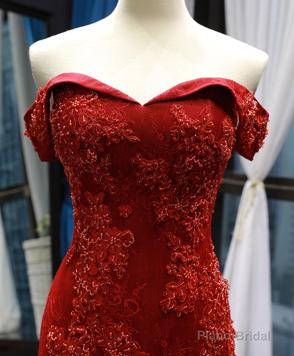 Burgundy Off Shoulder Tulle Lace Mermaid Long Prom Dress, Burgundy Evening Dress Secondary image