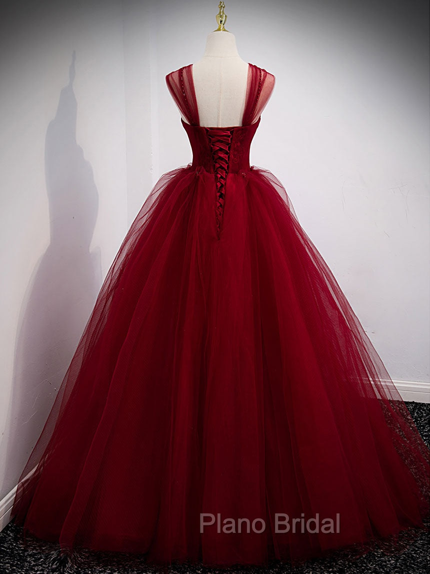 Burgundy Off Shoulder Tulle Long Formal Prom Dresses, Burgundy Formal Dresses