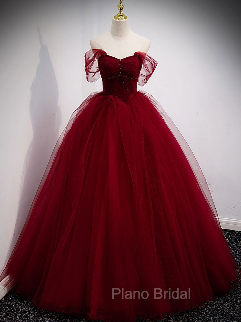 Burgundy Off Shoulder Tulle Long Formal Prom Dresses, Burgundy Formal Dresses Main image
