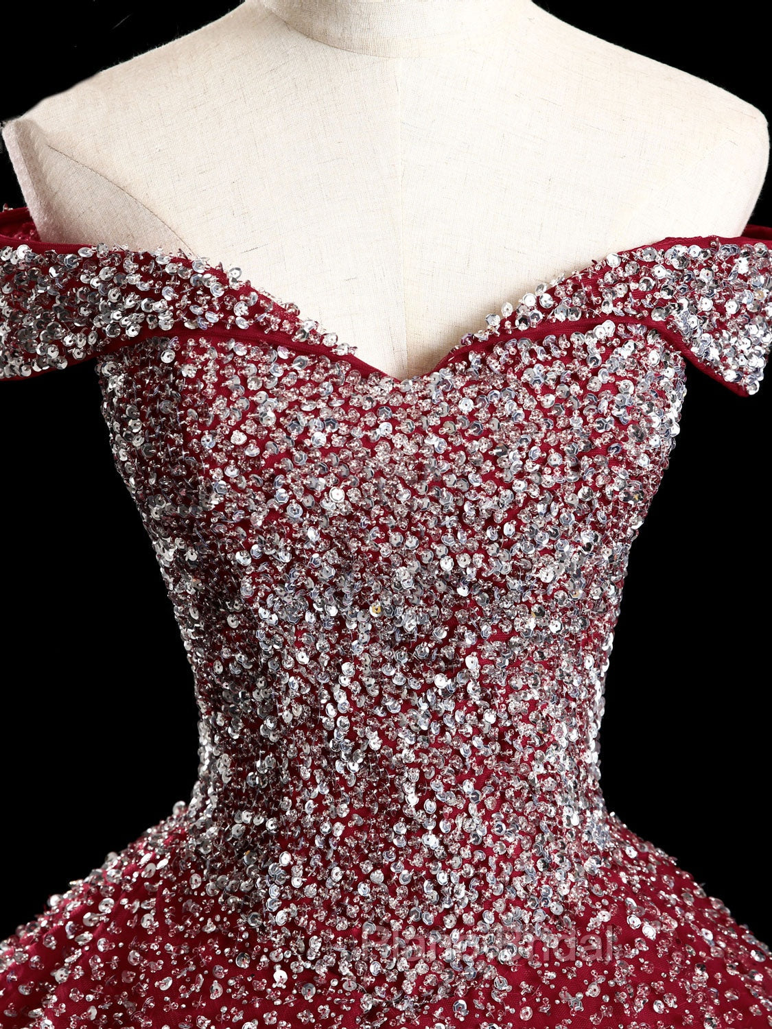 Burgundy Off Shoulder Tulle Sequin Long Formal Prom Dresses, Burgundy Sweet 16 Dresses Secondary image