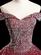 Burgundy Off Shoulder Tulle Sequin Long Formal Prom Dresses, Burgundy Sweet 16 Dresses