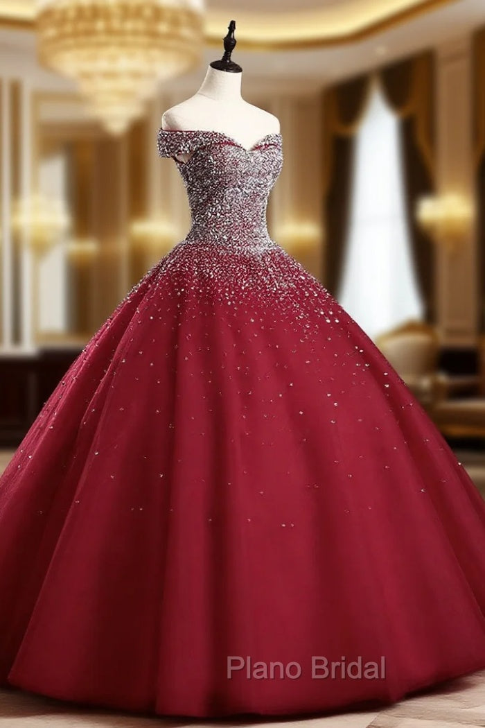 Burgundy Off Shoulder Tulle Sequin Long Formal Prom Dresses, Burgundy Sweet 16 Dresses Main image