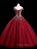 Burgundy Off Shoulder Tulle Sequin Long Formal Prom Dresses, Burgundy Sweet 16 Dresses