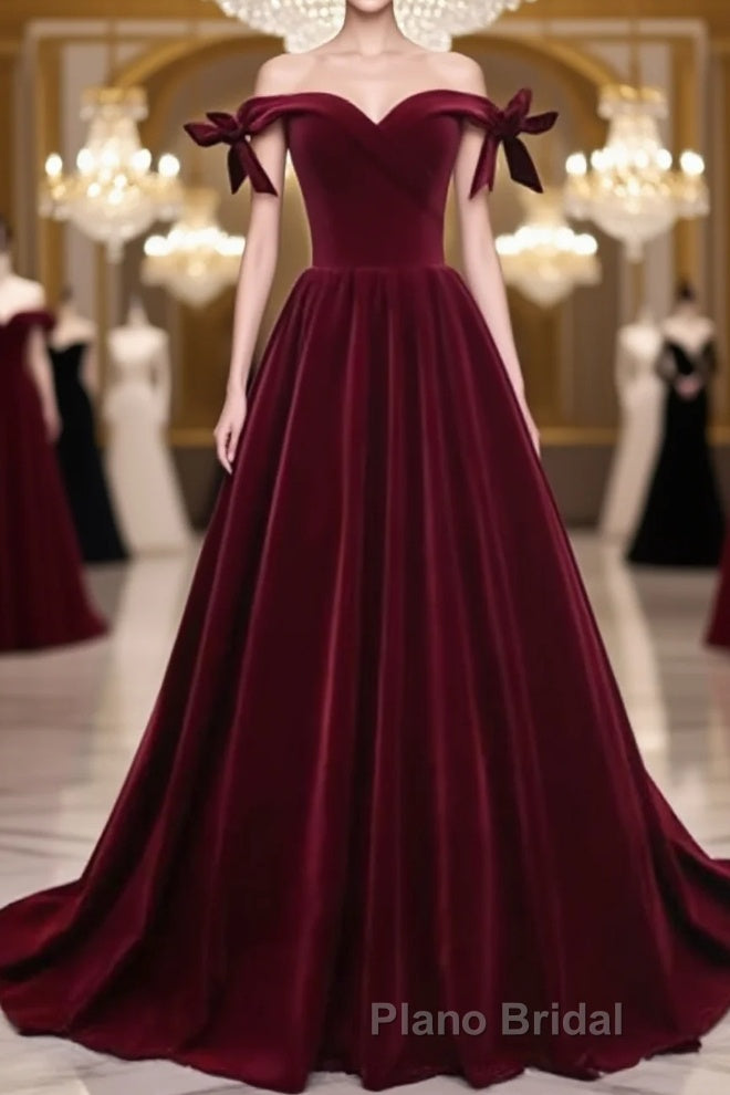 Burgundy Off Shoulder Velvet Long Formal Prom Dress, Off Shoulder Burgundy Graduation Dress, Evening Dress Main image