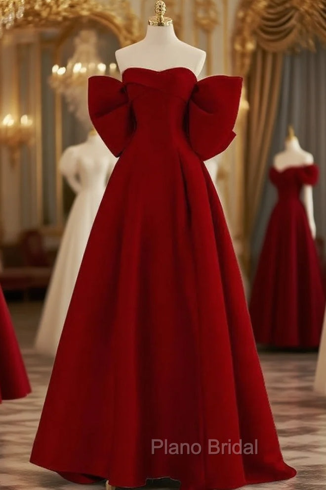 Burgundy Off the Shoulder Bow Formal Prom Dresses Main image