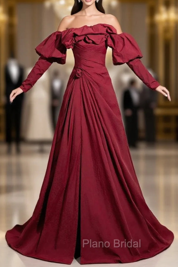 Burgundy off the Shoulder Pleats Formal Prom Dresses With Detachable Sleeve