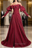 Burgundy off the Shoulder Pleats Formal Prom Dresses With Detachable Sleeve