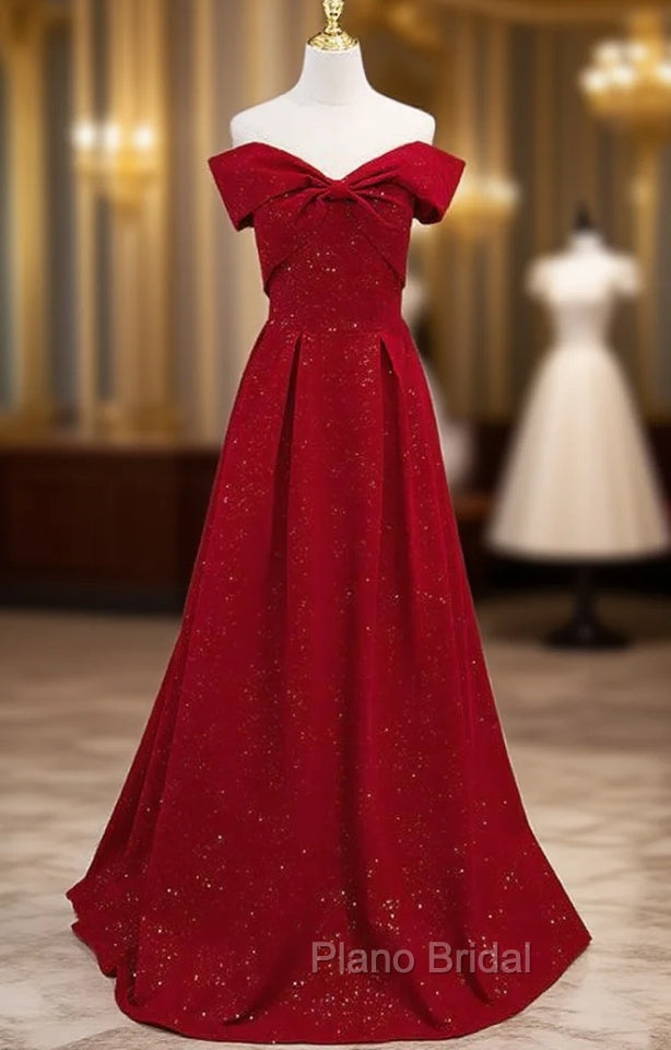 Burgundy Off the Shoulder Pleats Formal Prom Dresses Main image
