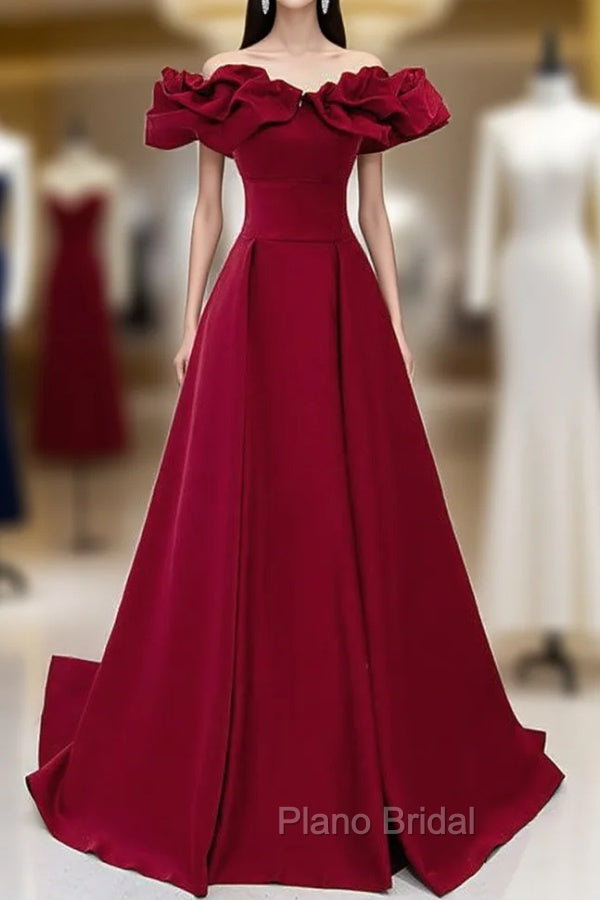 Burgundy Off the Shoulder Ruffles Formal Prom Dresses