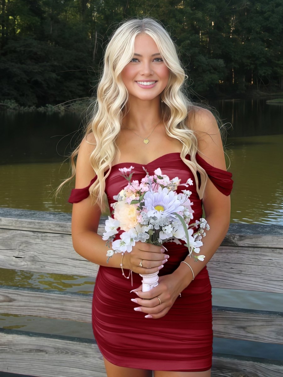Burgundy Off The Shoulder Tulle Homecoming Dress Short Cocktail Dresses Main image