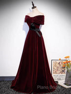 Burgundy Off The Shoulder Velvet Long Formal Prom Dresses