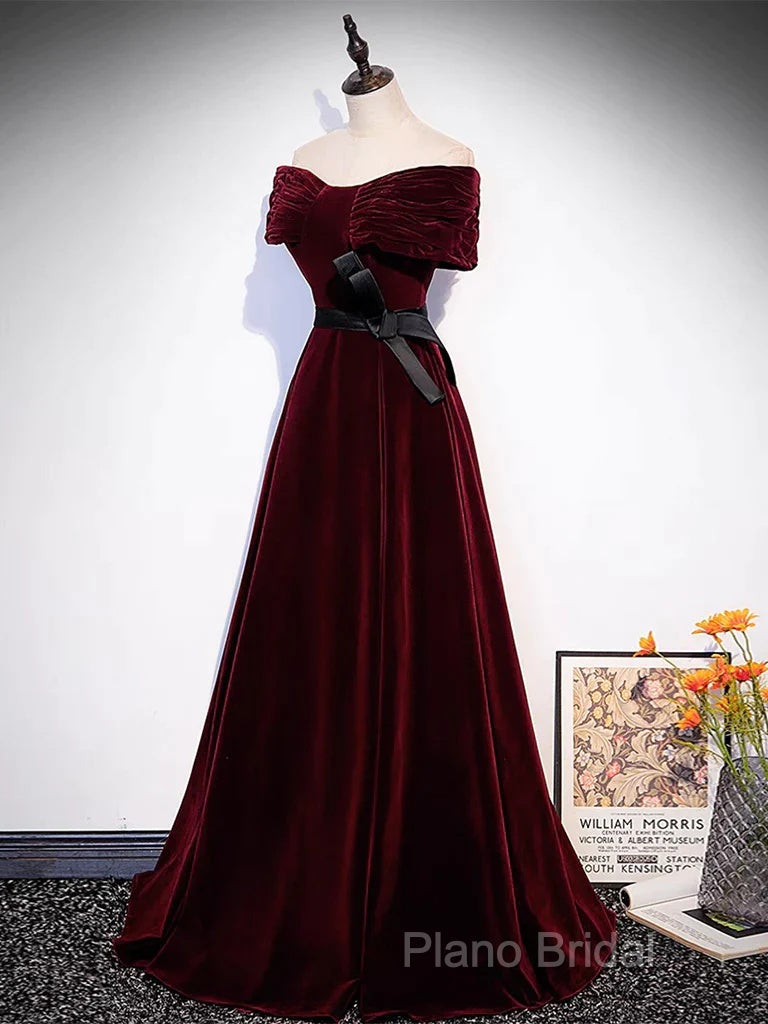 Burgundy Off The Shoulder Velvet Long Formal Prom Dresses Secondary image