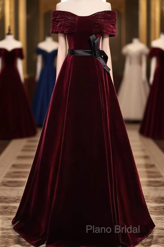 Burgundy Off The Shoulder Velvet Long Formal Prom Dresses Main image