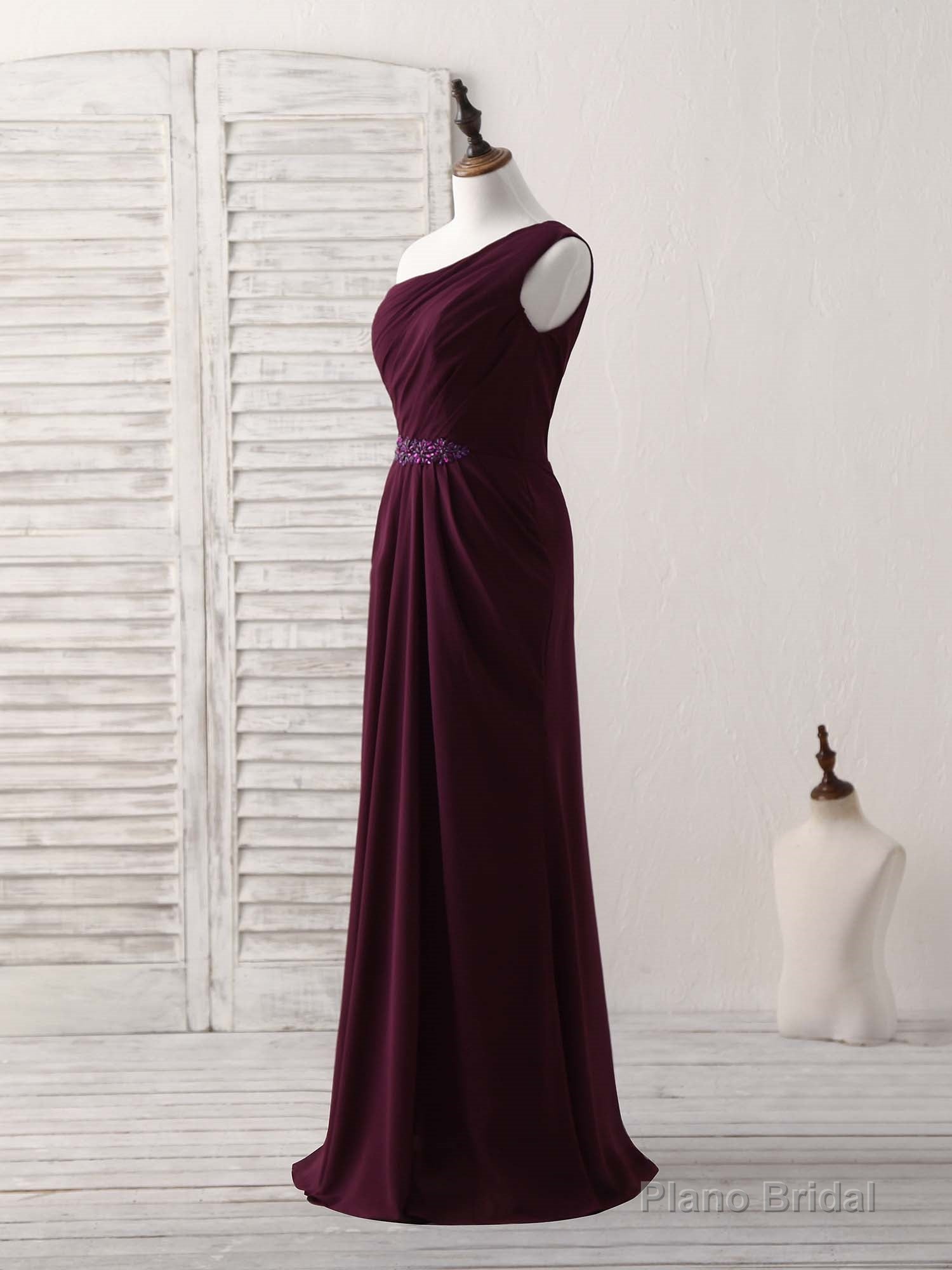 Burgundy One Shoulder Chiffon Mermaid Long Prom Dresses Secondary image