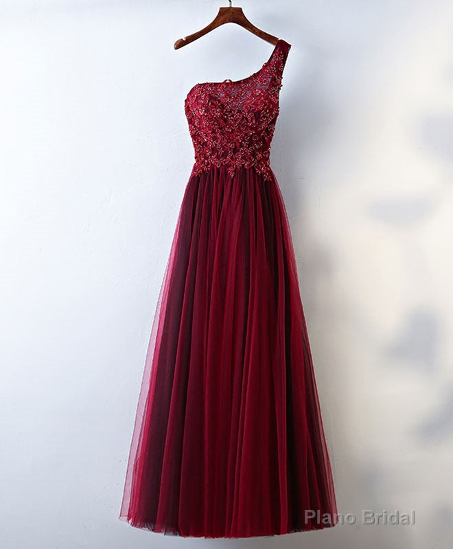 Burgundy One Shoulder Long Prom Dress, Lace Evening Dress Main image