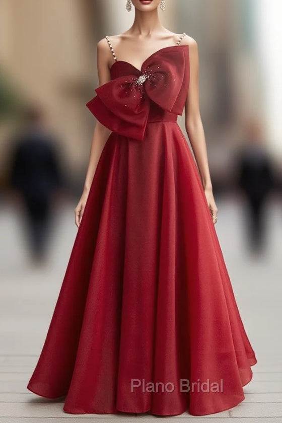 Burgundy Organza Spaghetti Straps Pearls Formal Prom Dresses