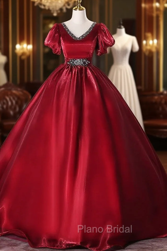 Burgundy Organza V-neck Puff Sleeve Beading Quinceanera Dresses