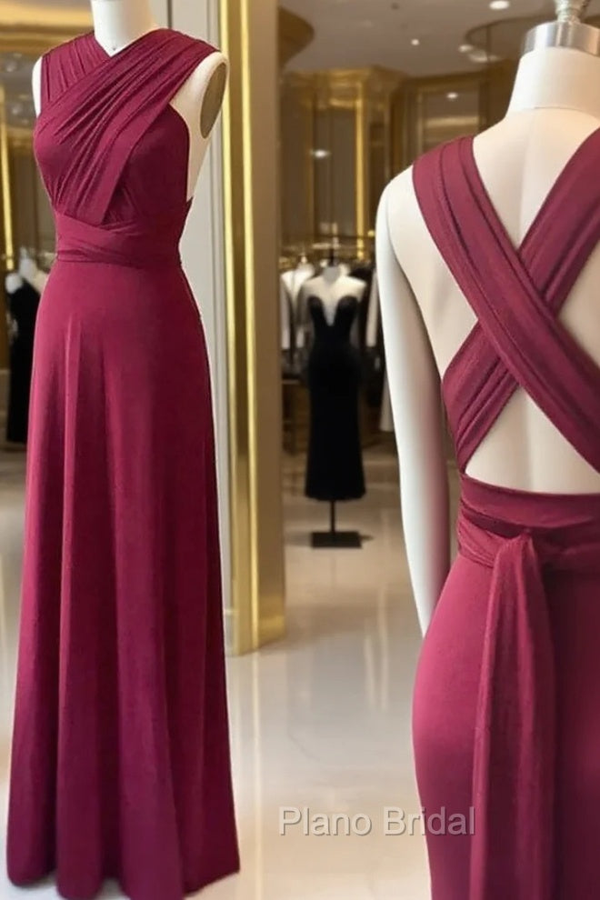 Burgundy Pleats Halter Formal Prom Dresses Main image