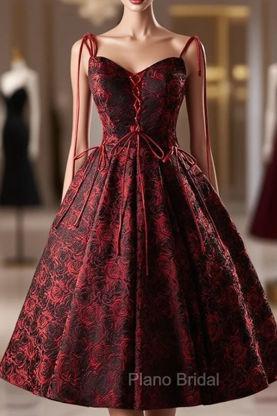 Burgundy Print Straps Homecoming Dresses Main image