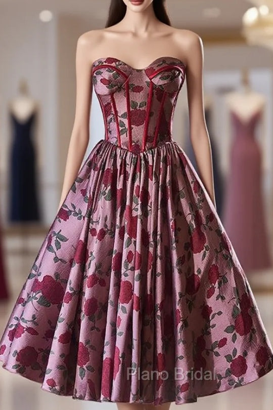 Burgundy Print Sweetheart Print Homecoming Dresses Main image