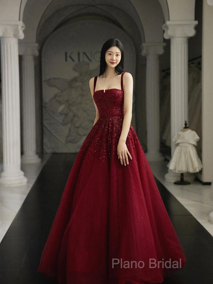Burgundy Formal Prom Dresses A Line Straps Tulle Formal Dresses