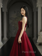 Burgundy Formal Prom Dresses A Line Straps Tulle Formal Dresses
