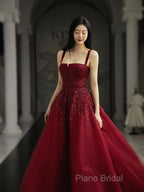 Burgundy Formal Prom Dresses A Line Straps Tulle Formal Dresses