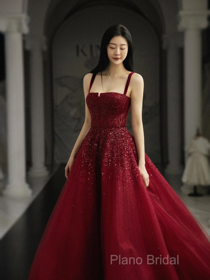 Burgundy Formal Prom Dresses A Line Straps Tulle Formal Dresses