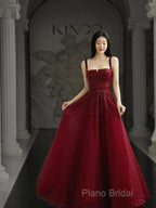 Burgundy Formal Prom Dresses A Line Straps Tulle Formal Dresses