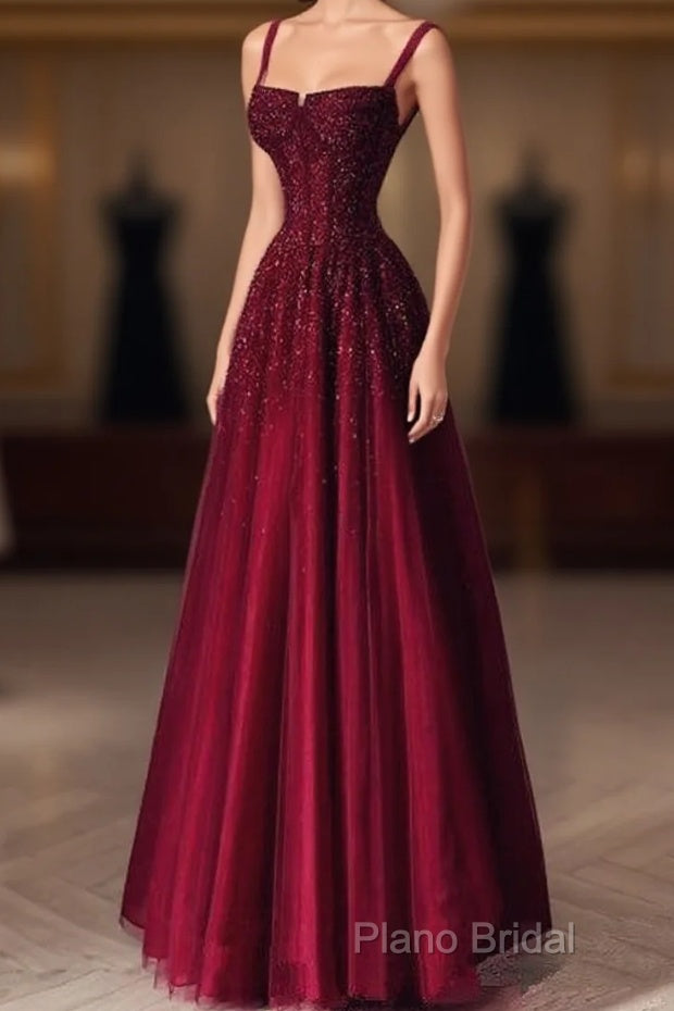 Burgundy Formal Prom Dresses A Line Straps Tulle Formal Dresses Main image